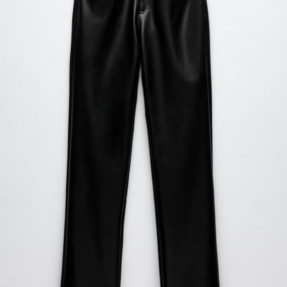 Zara pants leather faux  straight leg black womens high waisted 5 Pockets zip - Picture 5 of 16
